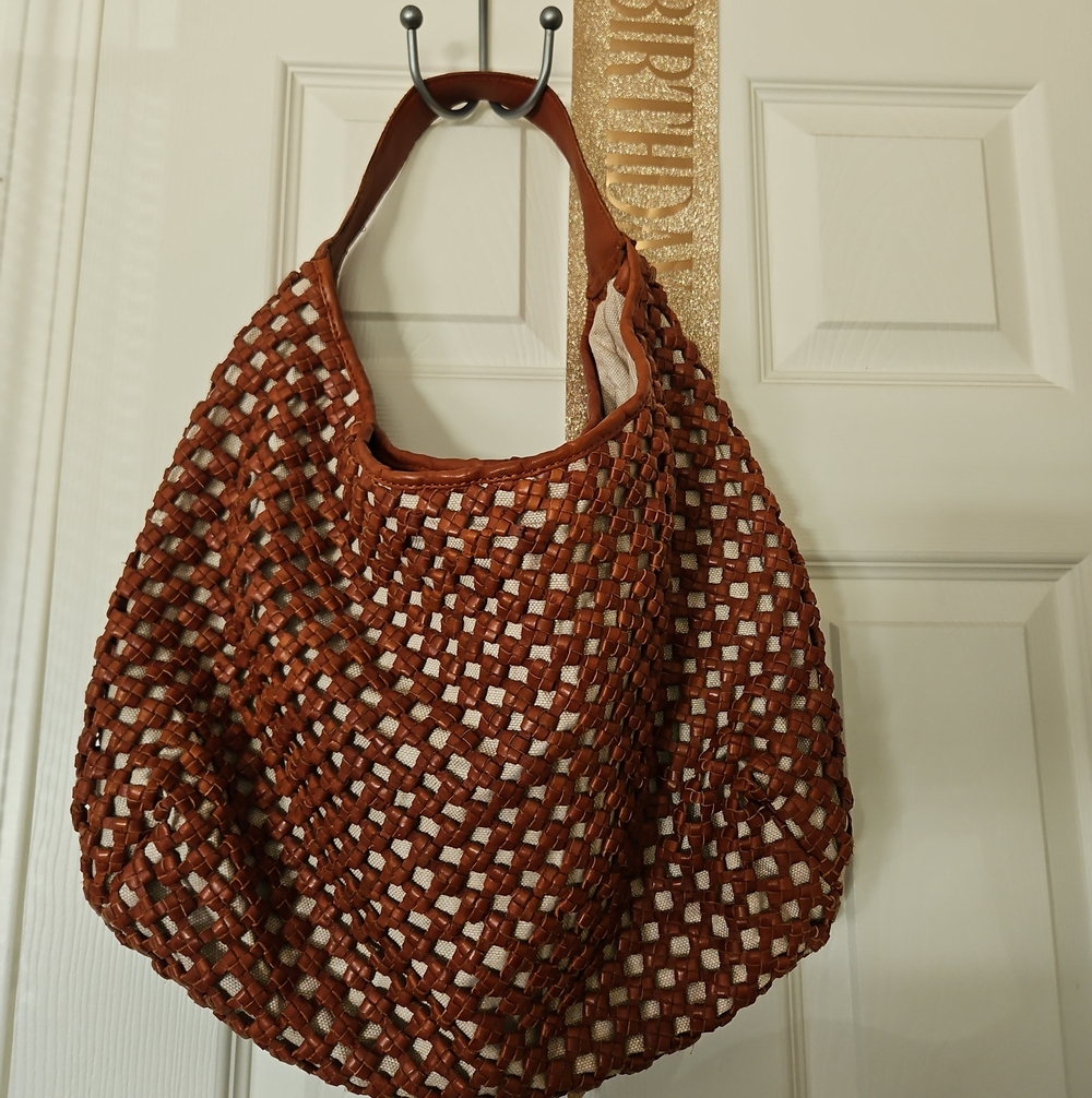 Marta Ponti Woven Leather Hobo Bag Brown & Cream